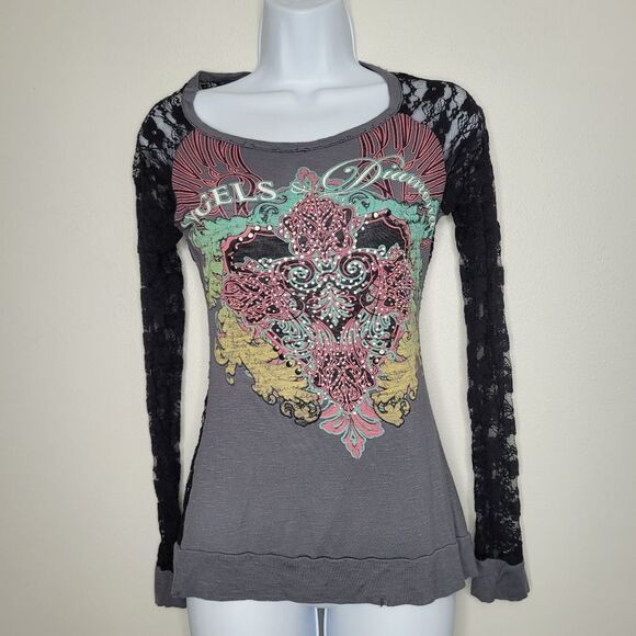 vintage y2k lace sleeve MySpace emo cyber grunge long sleeve heart size small